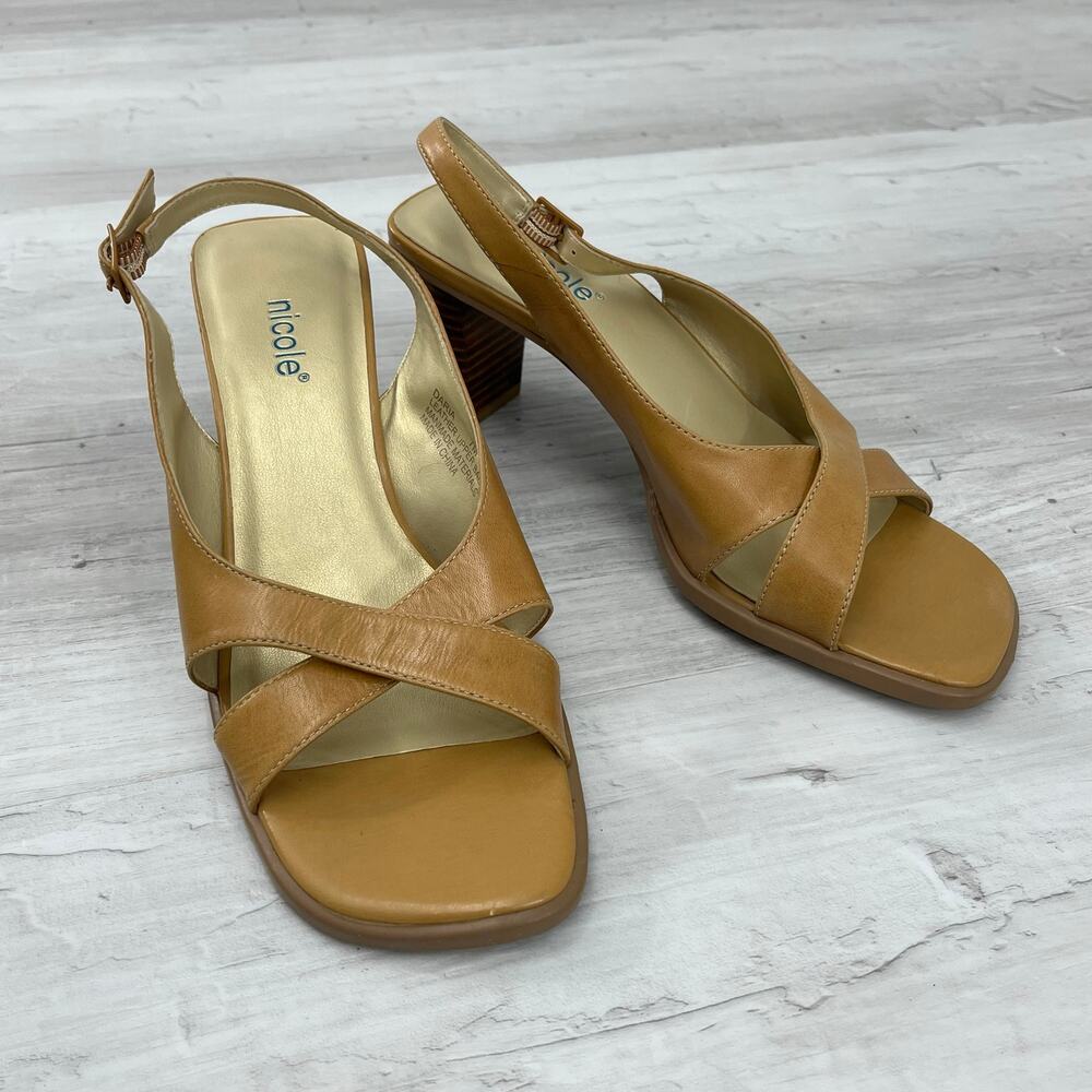 Nicole Brown Tan Leather Slingback Sandals Block Heel Square Open Toe 7M